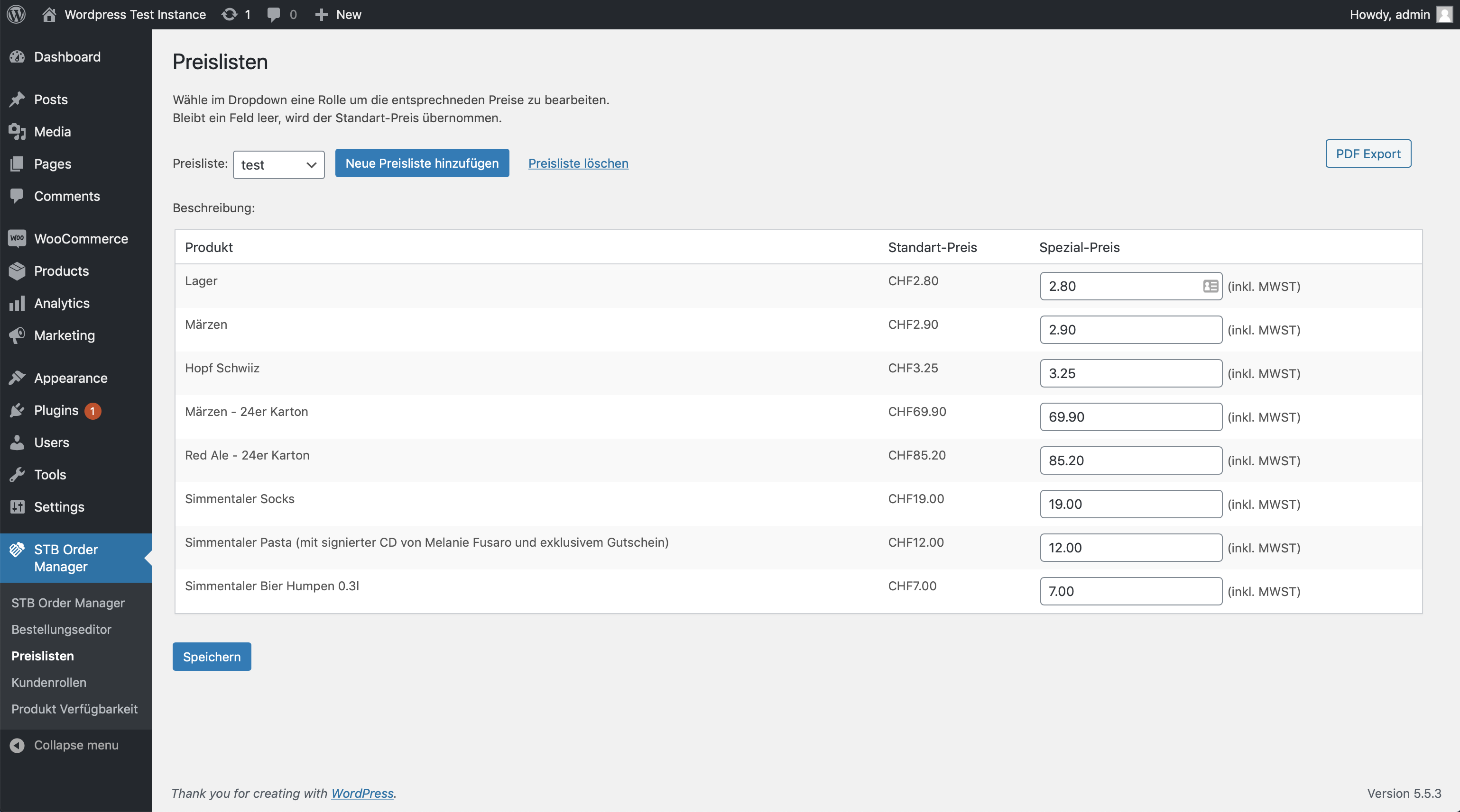 Screenshot price lists