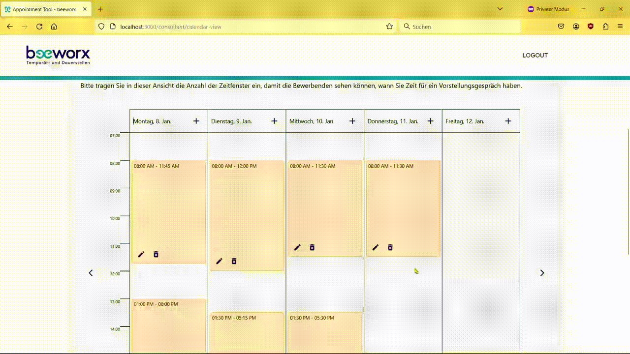 Consultant edit a time slot and logout