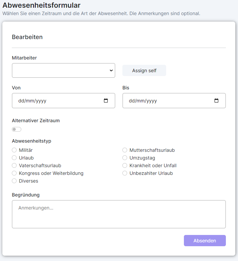 Absence form to sumbit absence requests