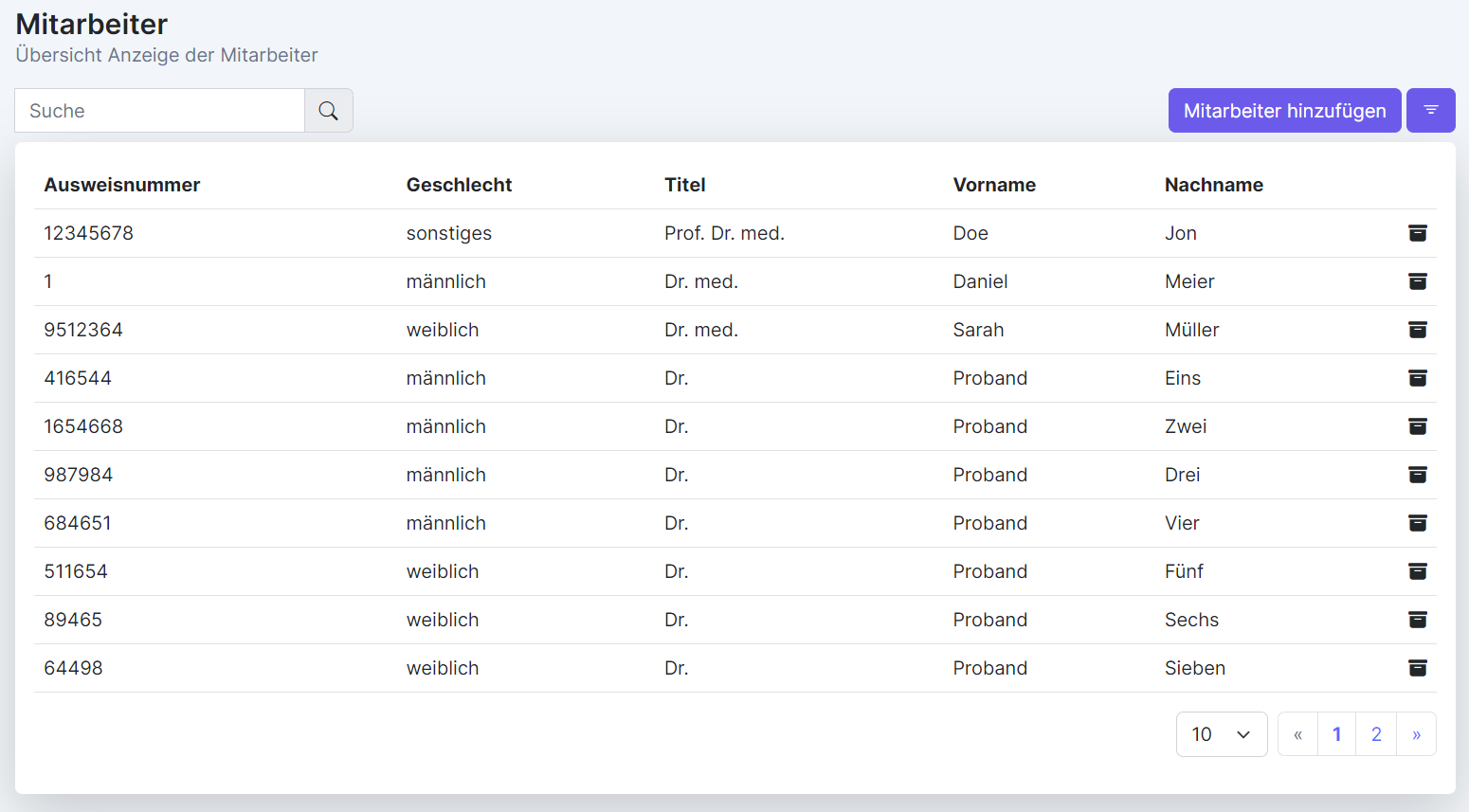 Employee overview page of our software