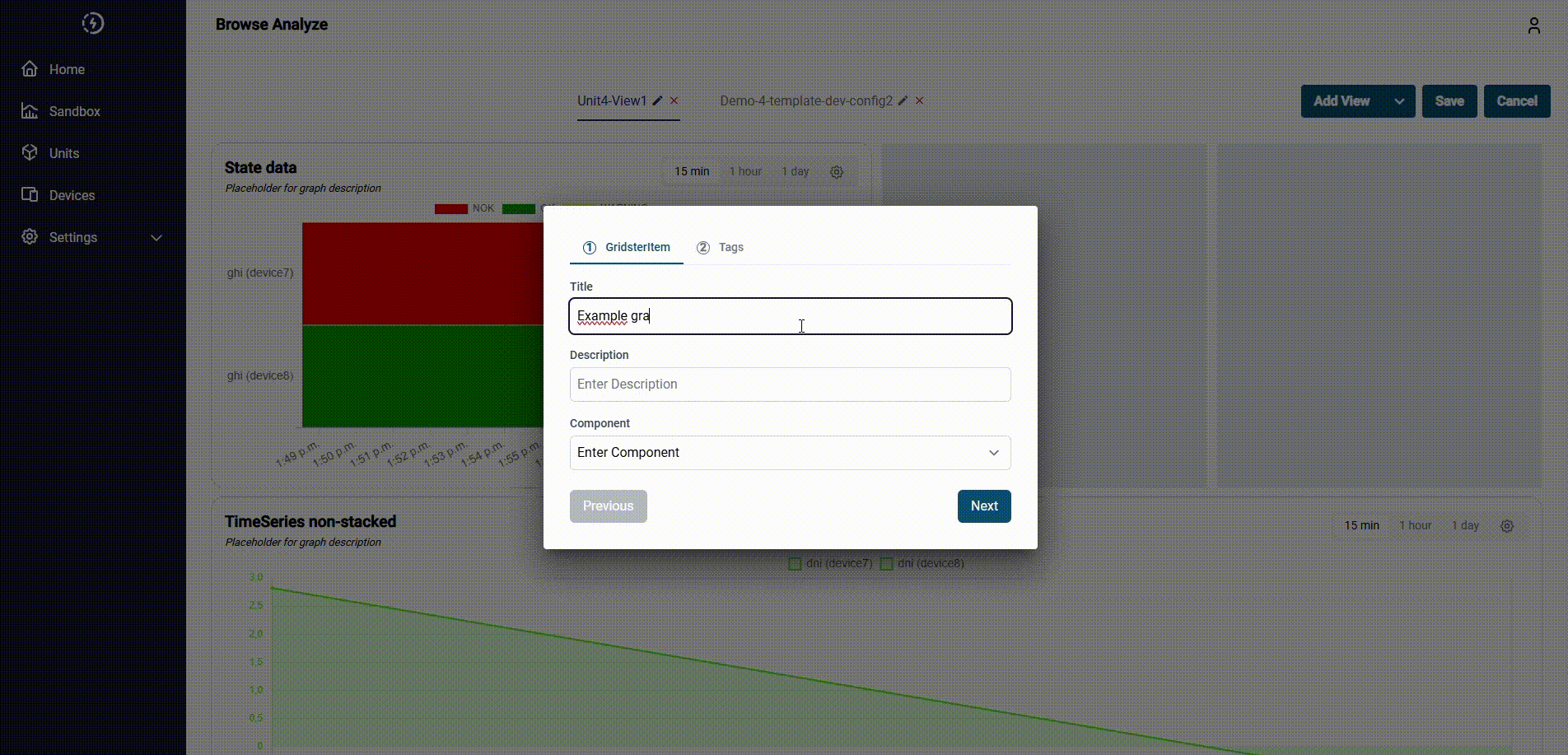 This image shows a short sequence of how a user can add a new graph to a view