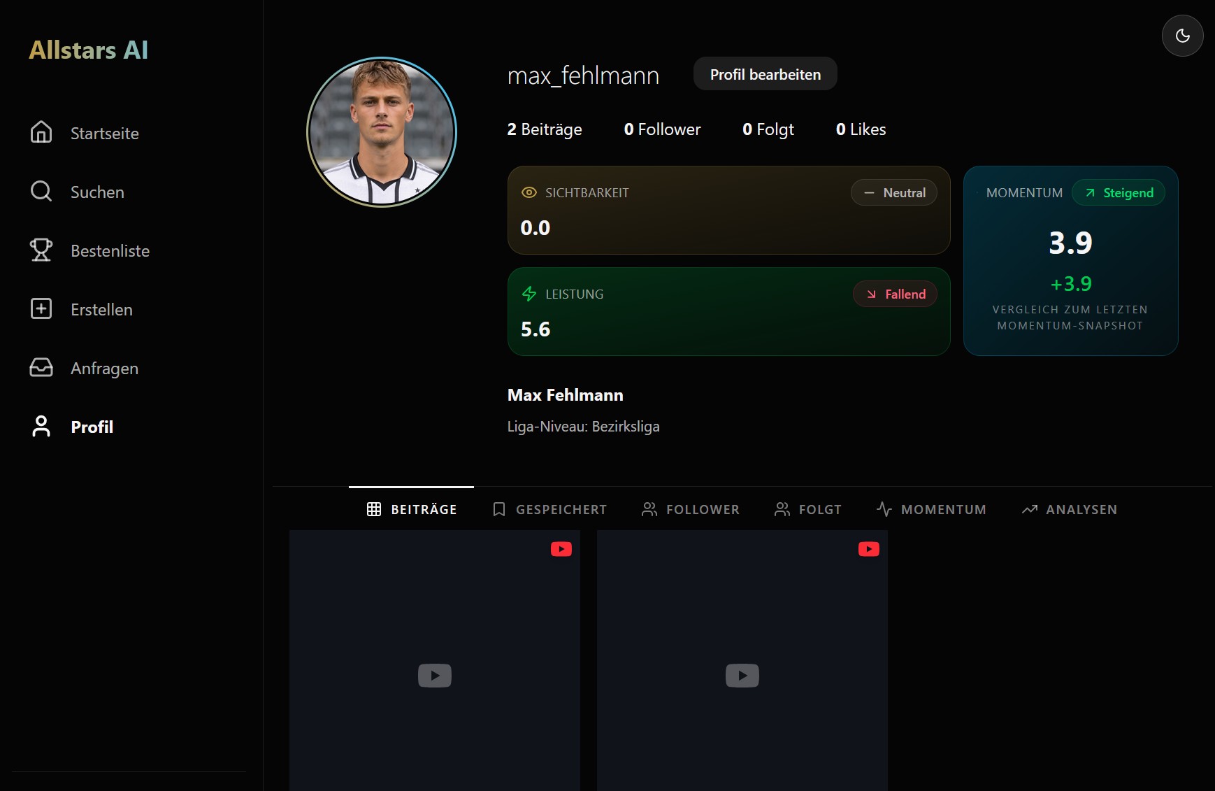 Allstars AI talent profile page
