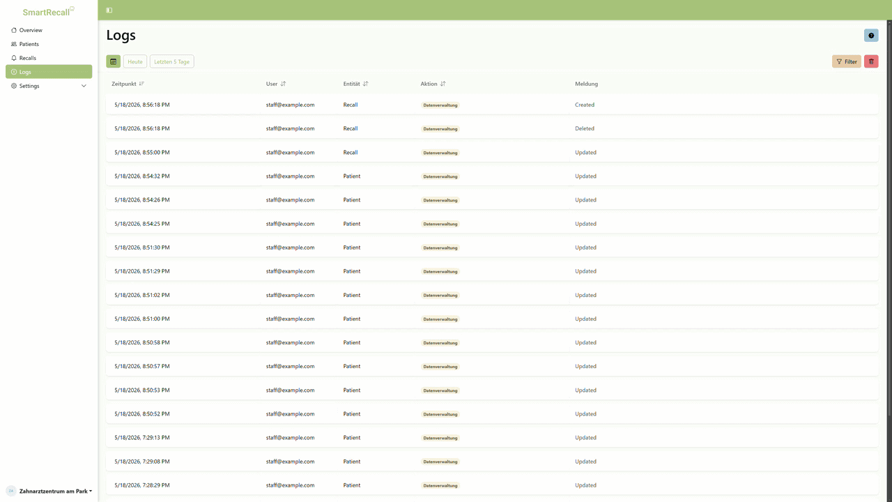 Logs page displaying recall activity history