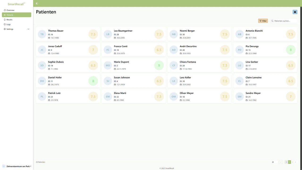 Patients page showing registered patients and recall information