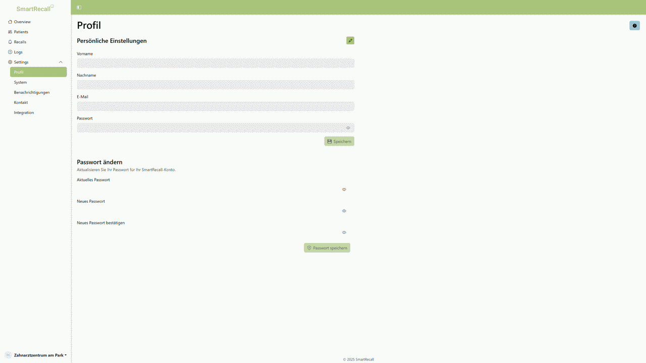 Settings page for profile and notification management