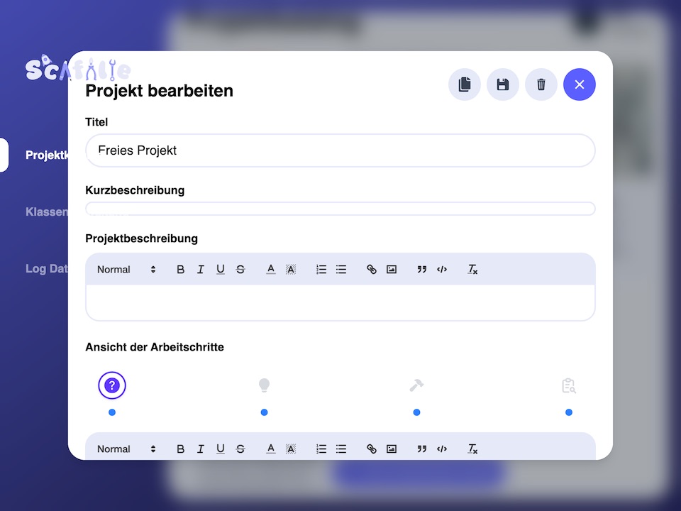 Template configuration builder showing editable text blocks, project milestones, and contextual hint assignments