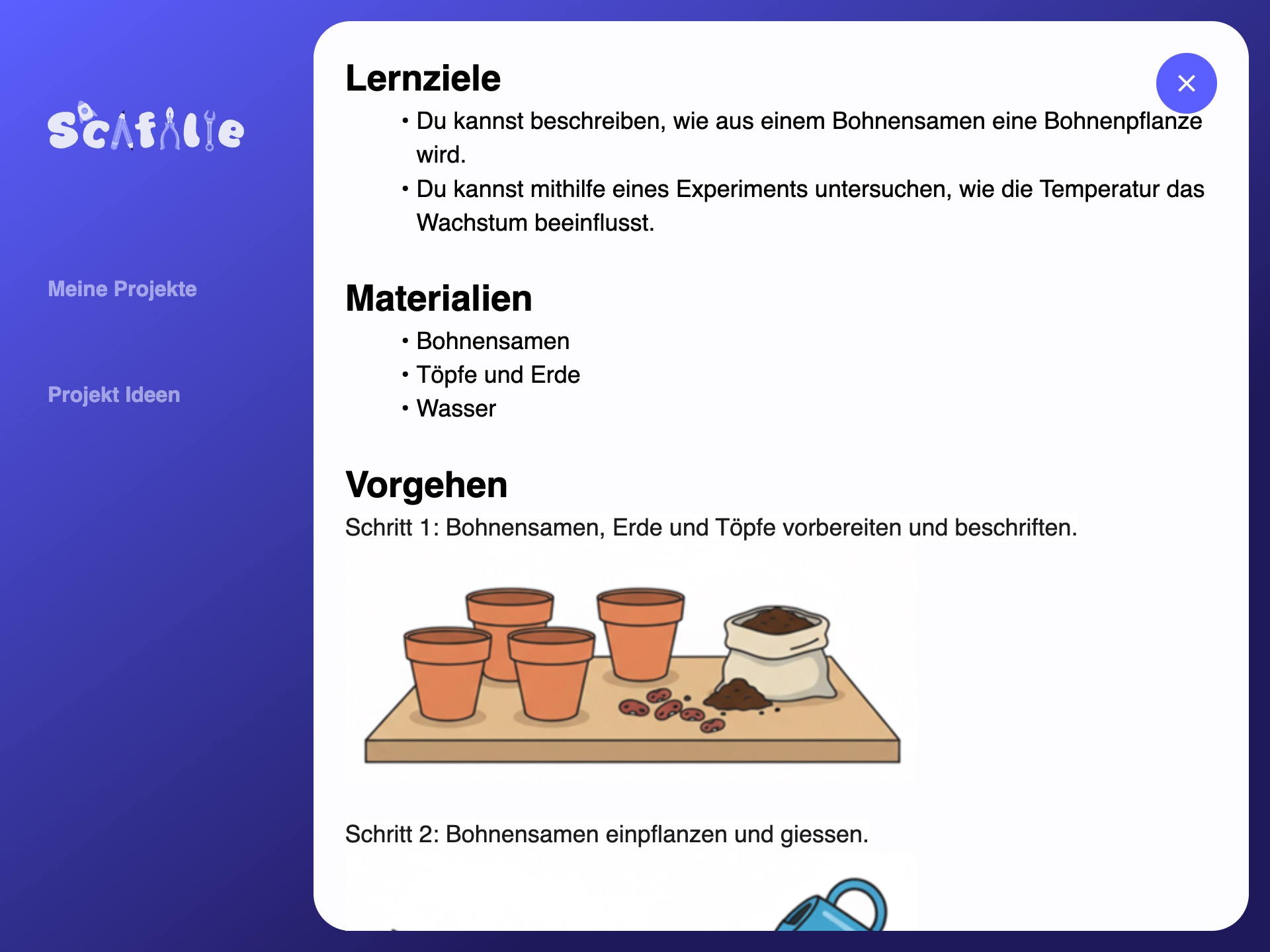 Detailed task brief interface displaying raw material requirements and digital scaffolding steps for pupils