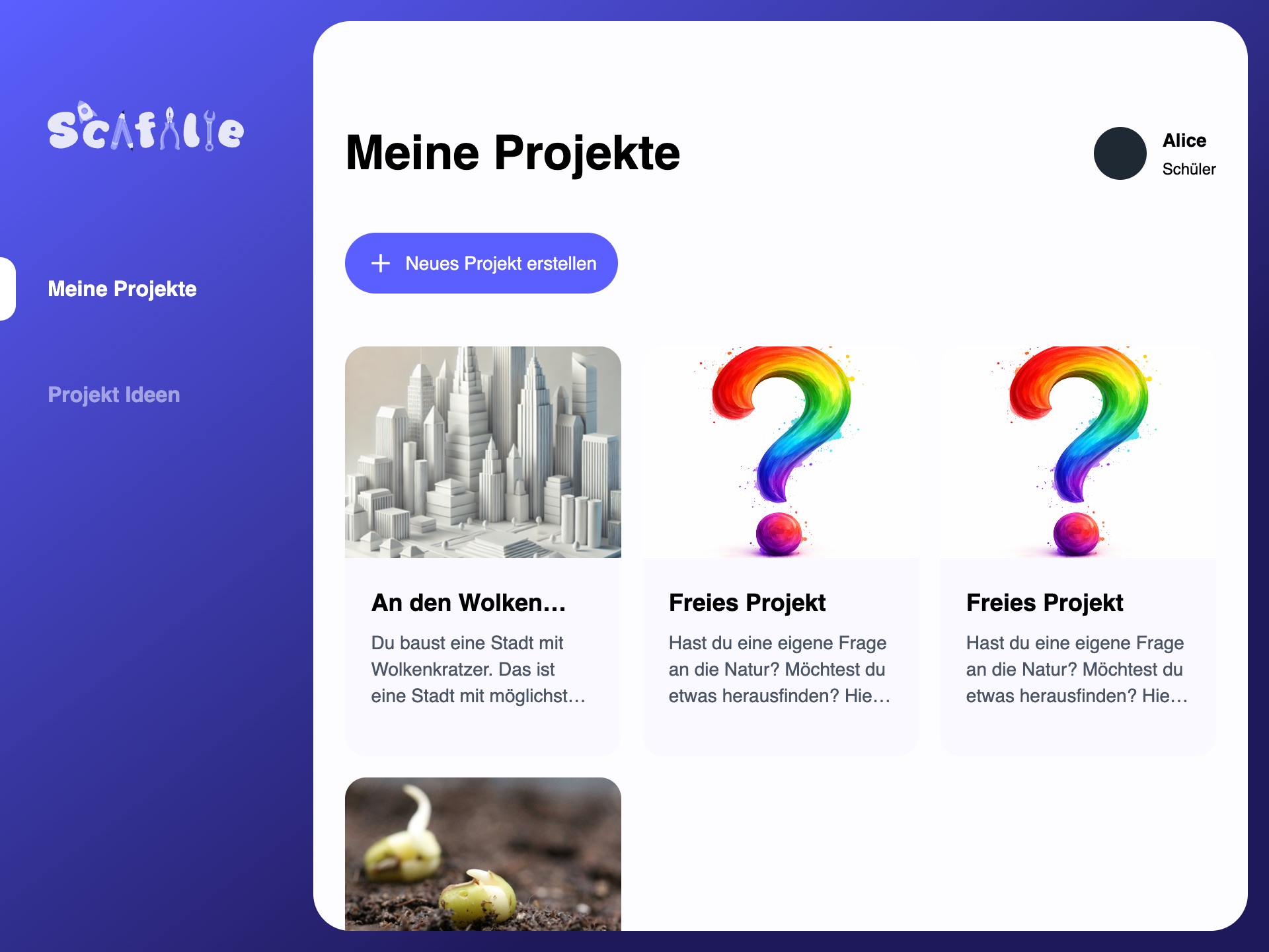 Student project catalog showing available project templates