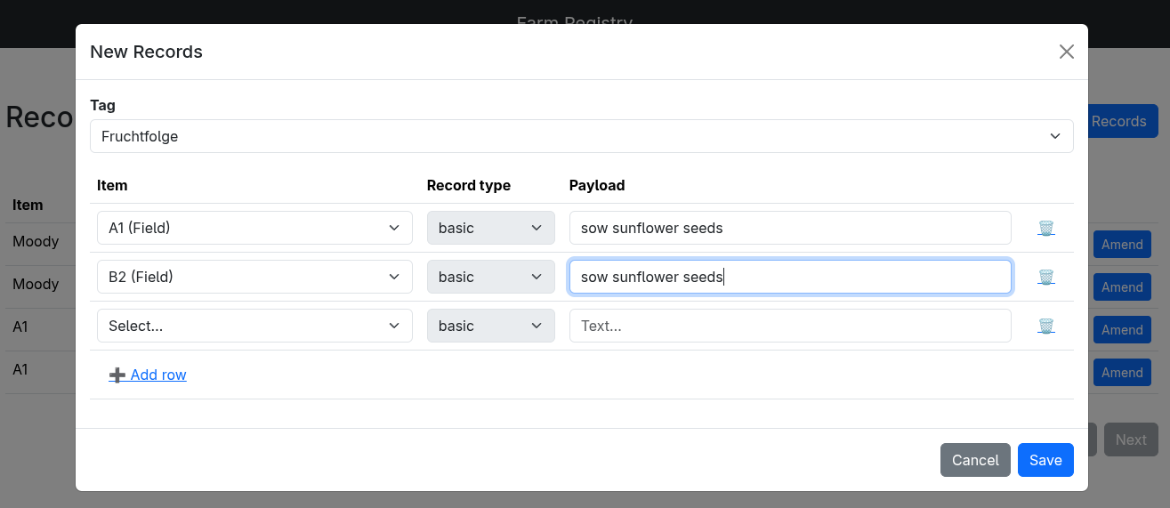 Bulk record entry modal in the prototype