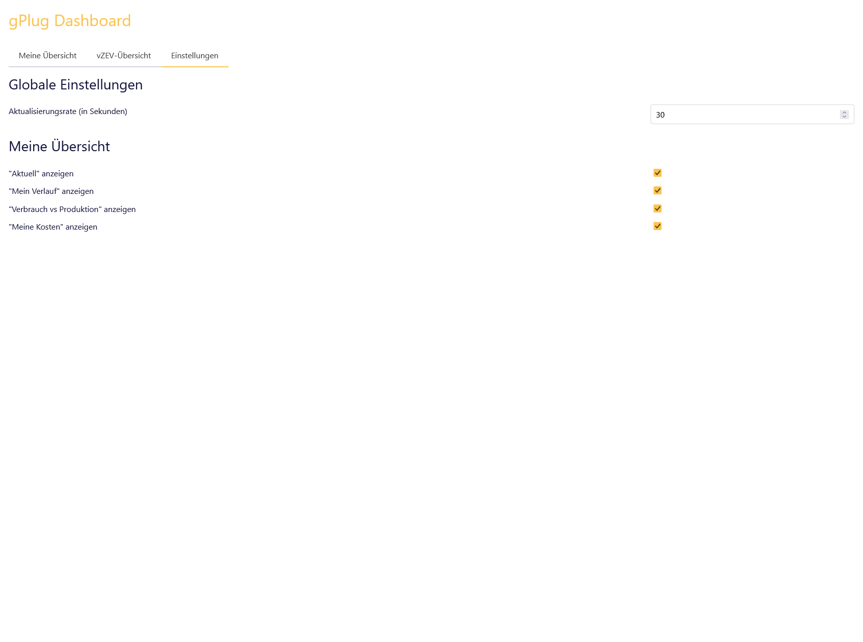 Einstellungen im Dashboard