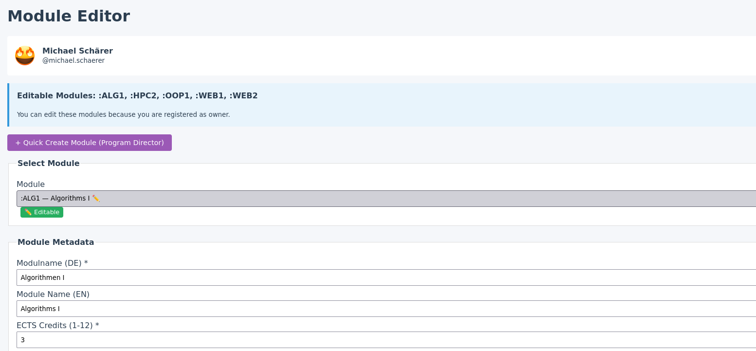 Web-based Module Editor interface showing form fields for module properties like name, ECTS credits, and language