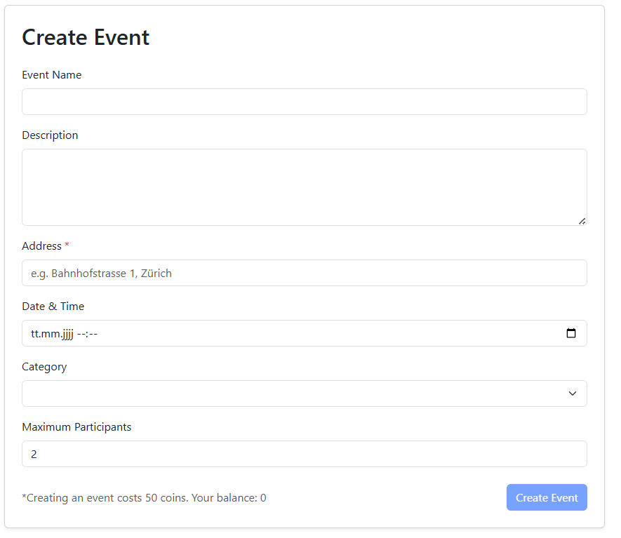 The Create Event form with its fields and coin cost