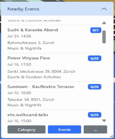 Map with event markers and the category filter and nearby-event list