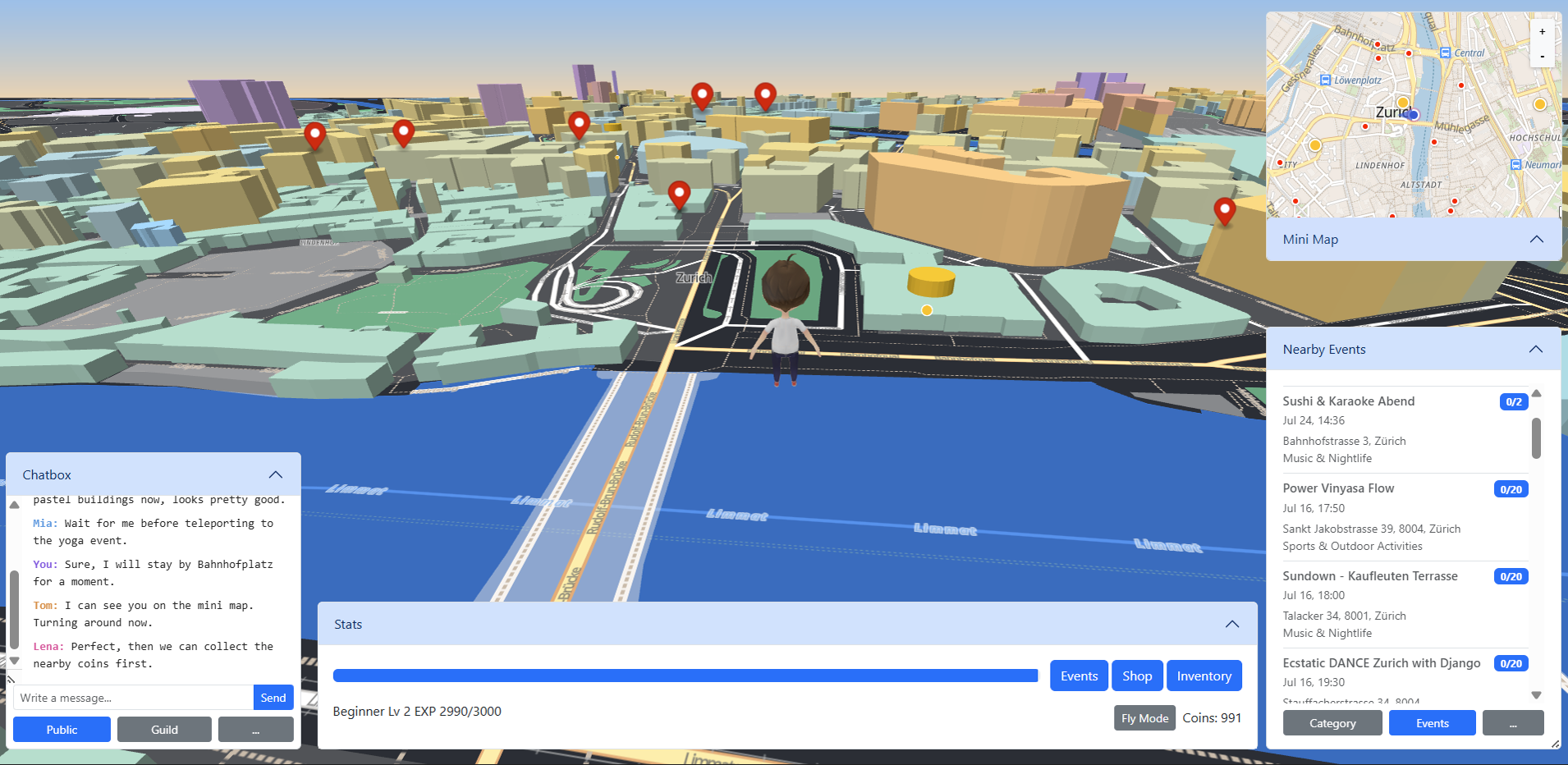 Main 3D map with the avatar in the centre and event markers around it