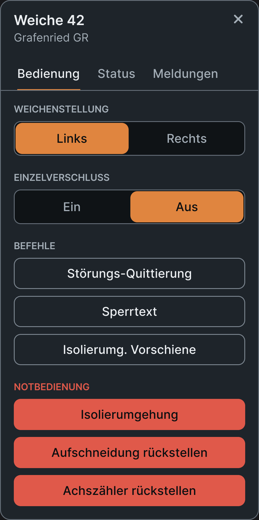 Bedienfenster einer Weiche im neuen Design