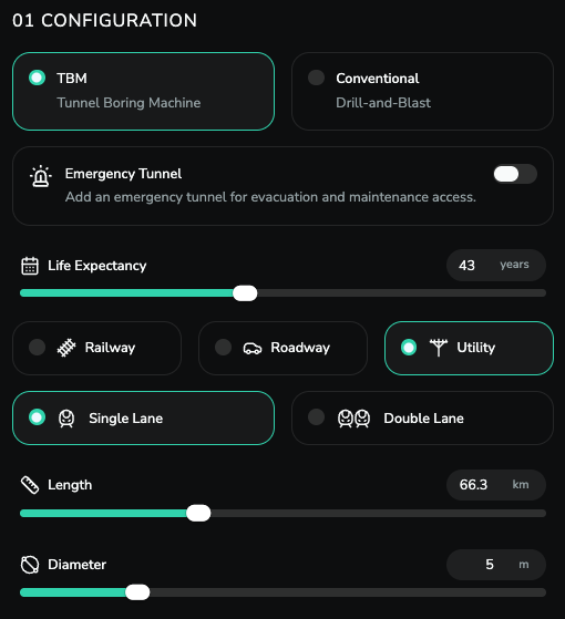 Configuration panel with the tunnel parameters