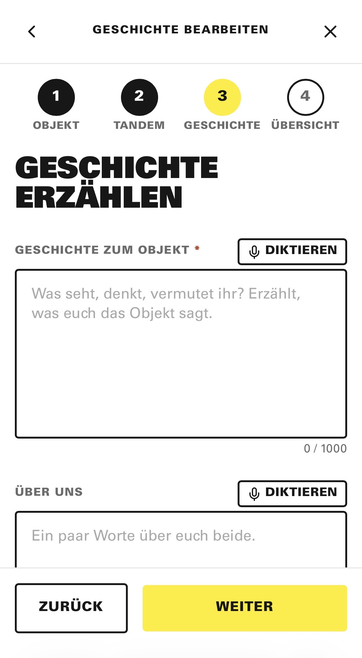 Diktierfunktion für den Geschichtentext und Texterkennung der Objektbeschriftung