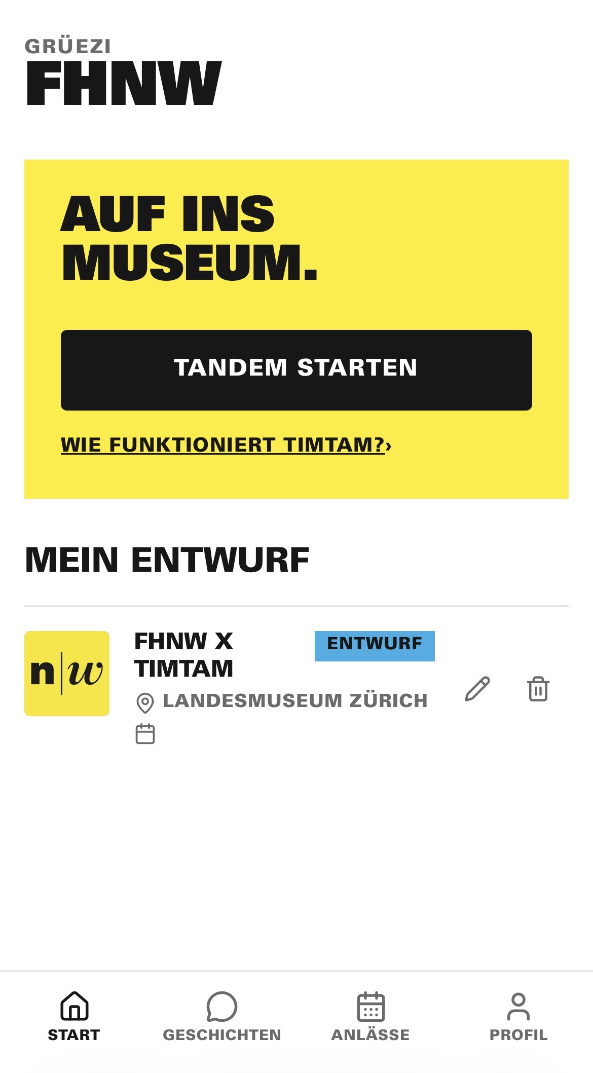 Startseite der App mit der Schaltfläche zum Erfassen einer neuen Geschichte