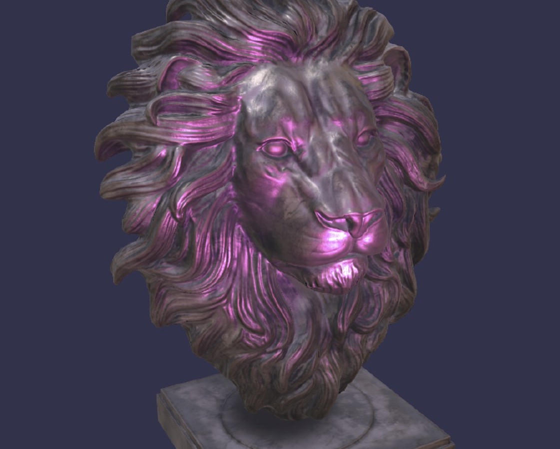 Lighting tool applying a coloured directional light to a lion-head artefact