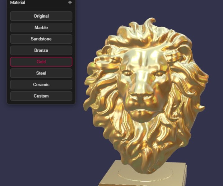 Material tool showing a lion-head artefact re-rendered in a gold material preset, with a panel to switch between marble, bronze, gold, steel and other presets