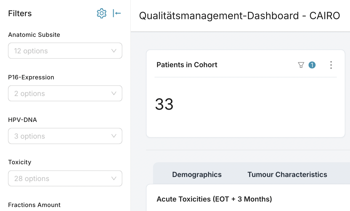 The filter sidebar with clinical filter values selected