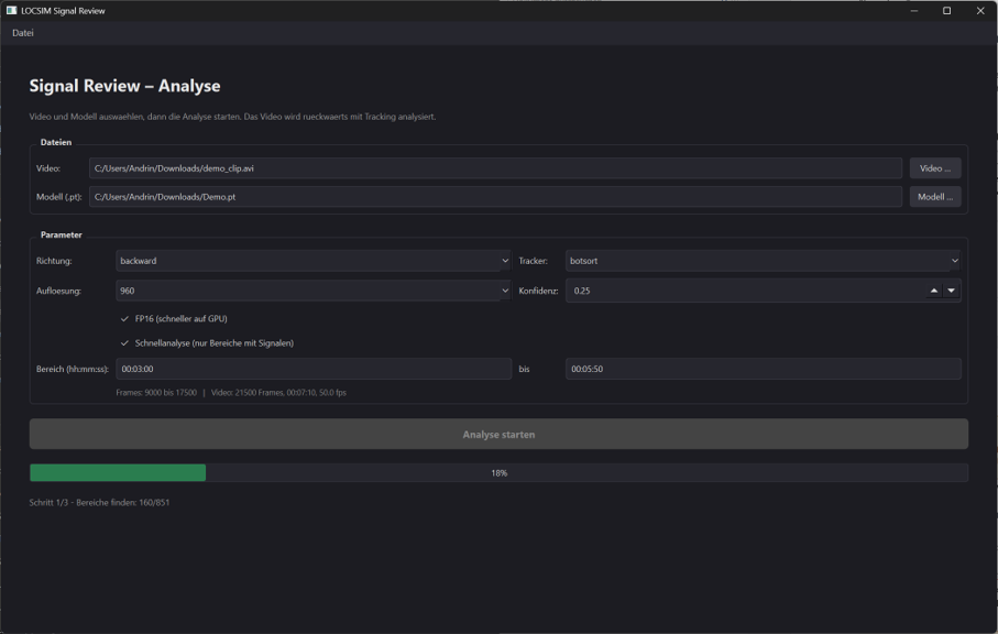 Analyse-Bildschirm der Review-Applikation