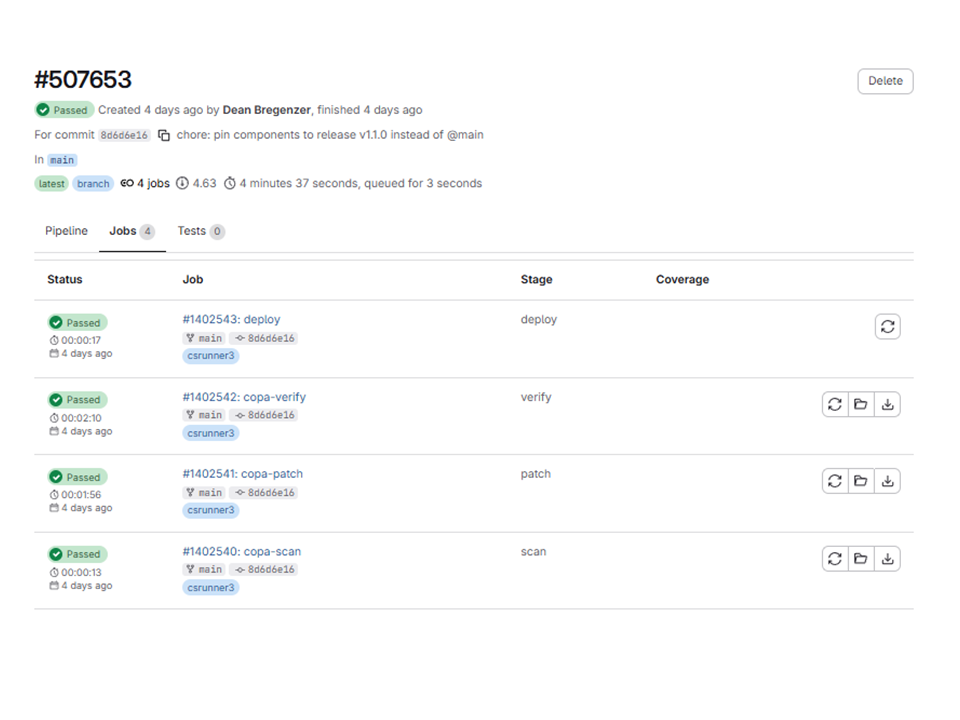Erfolgreicher GitLab-Pipeline-Lauf mit den Stufen scan, patch, verify und deploy