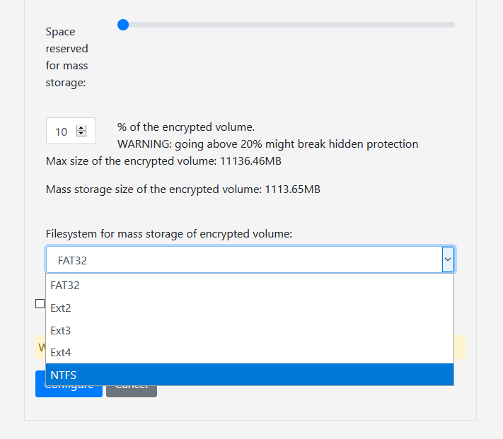 PrivacyPi website Mass Storage Filesystem options: fat32, ext2-4 and ntfs