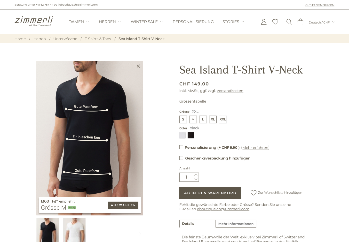 Size recommendation overlay on Zimmerli online shop