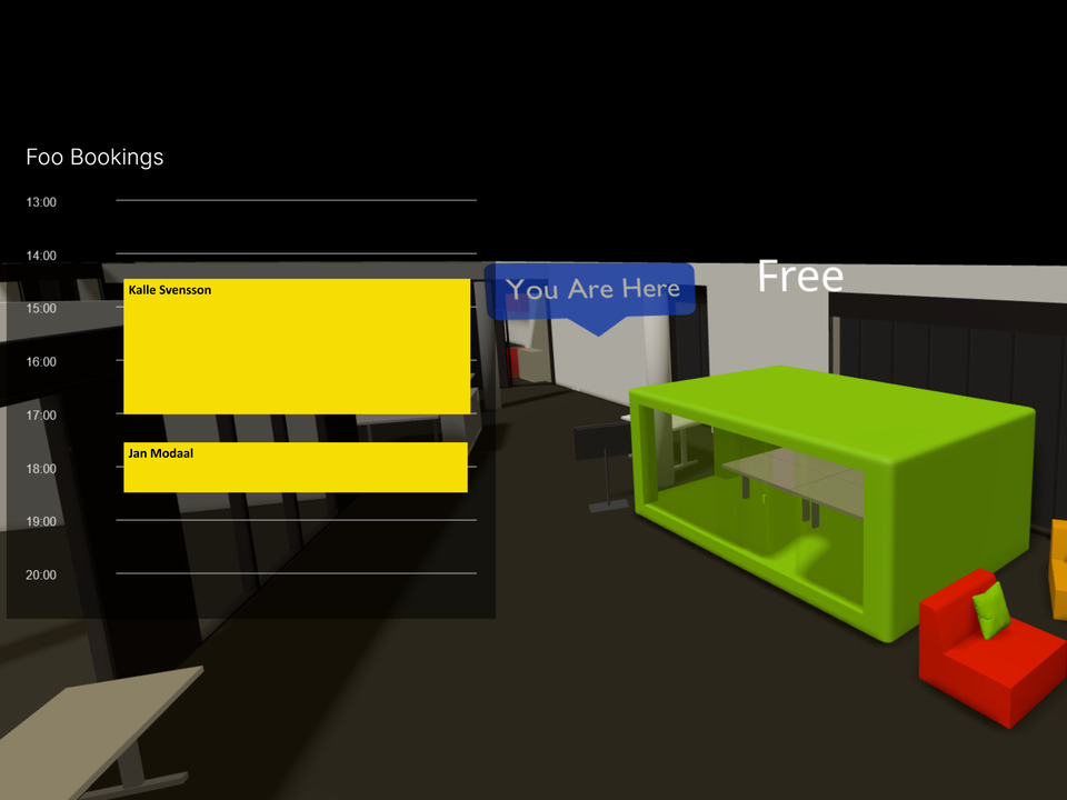 3D office space with a room booking system, showing occupied and free slots.
