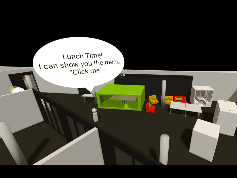 3D office space with a speech bubble saying 'Lunch Time! Click me'.