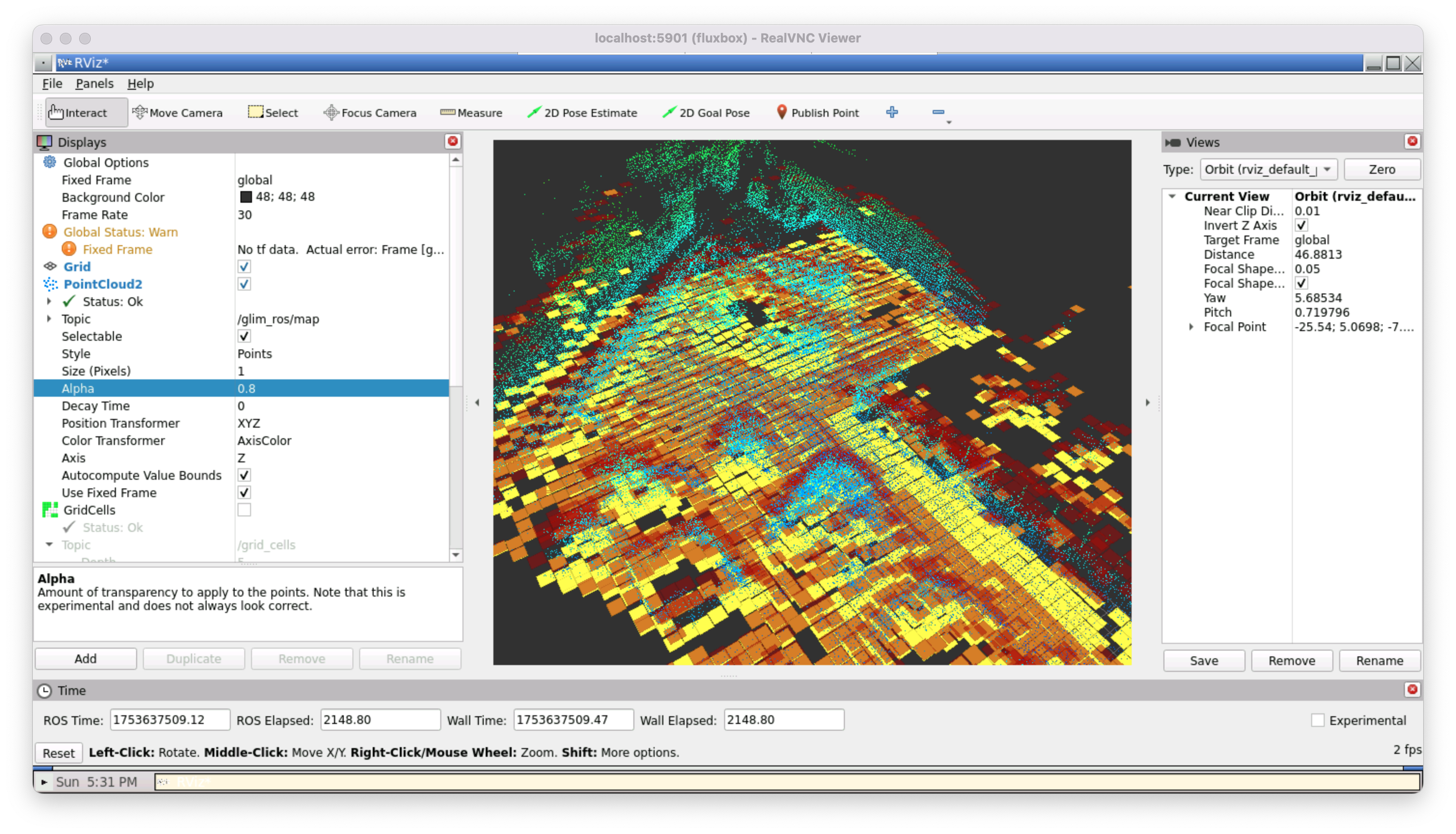 Screenshot of RViz showing a point-cloud from the Lidar and the derived heights from it.