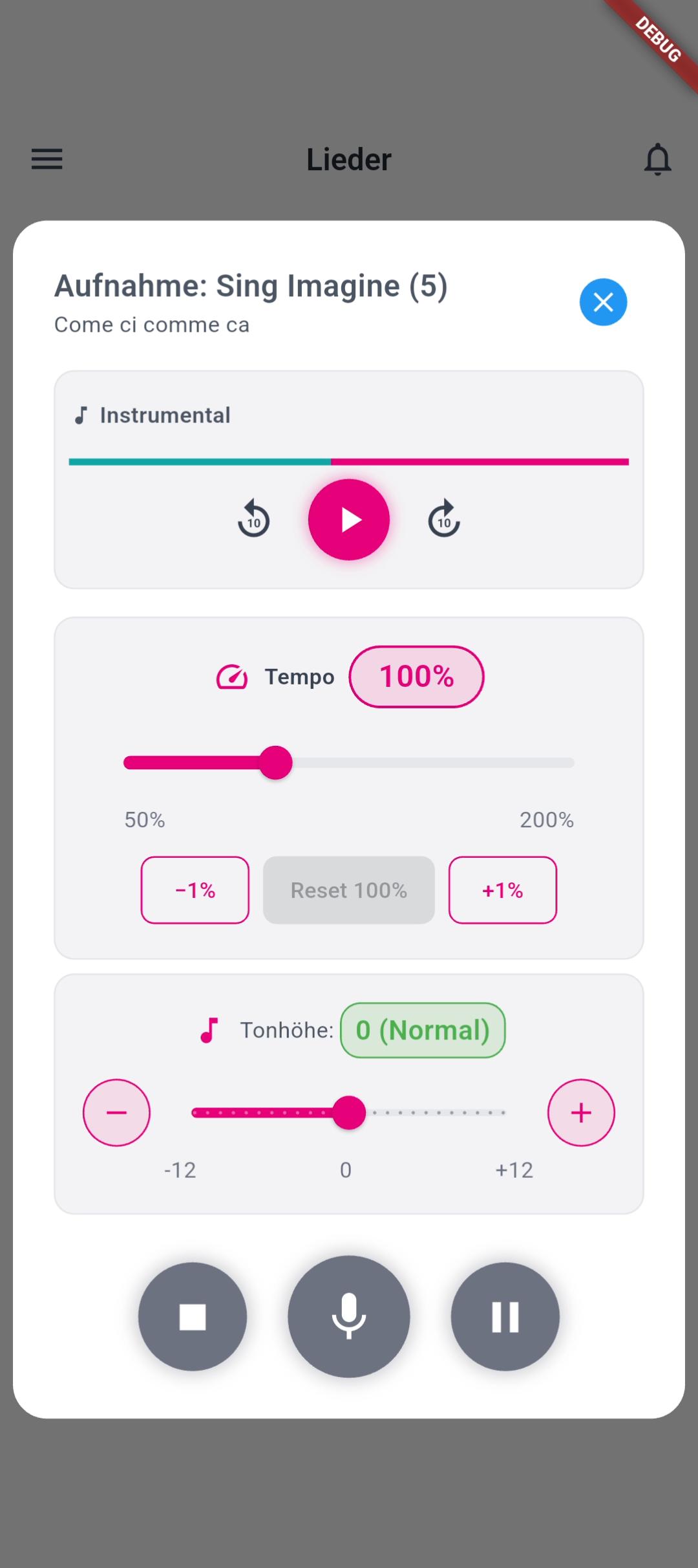 Recording screen with pitch and tempo sliders