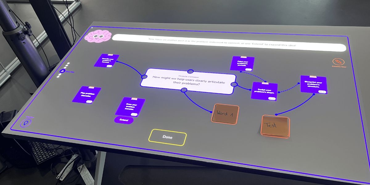 The Spatial Co-Creation Table during a collaborative brainstorming session showing projected interface elements and physical sticky notes on the table surface.