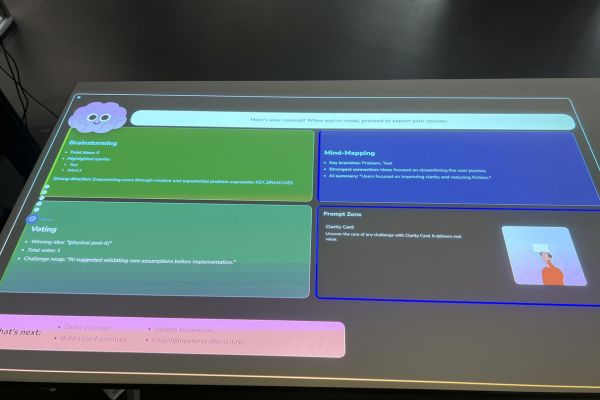 Recap dashboard summarizing brainstorming results, mind map connections, voting outcome, and next steps.