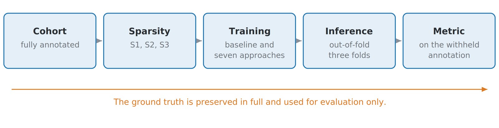 Five step pipeline: fully annotated cohort, simulated sparsity in three scenarios, training of a baseline and seven approaches, out of fold inference over three folds, and a metric computed on the withheld annotation