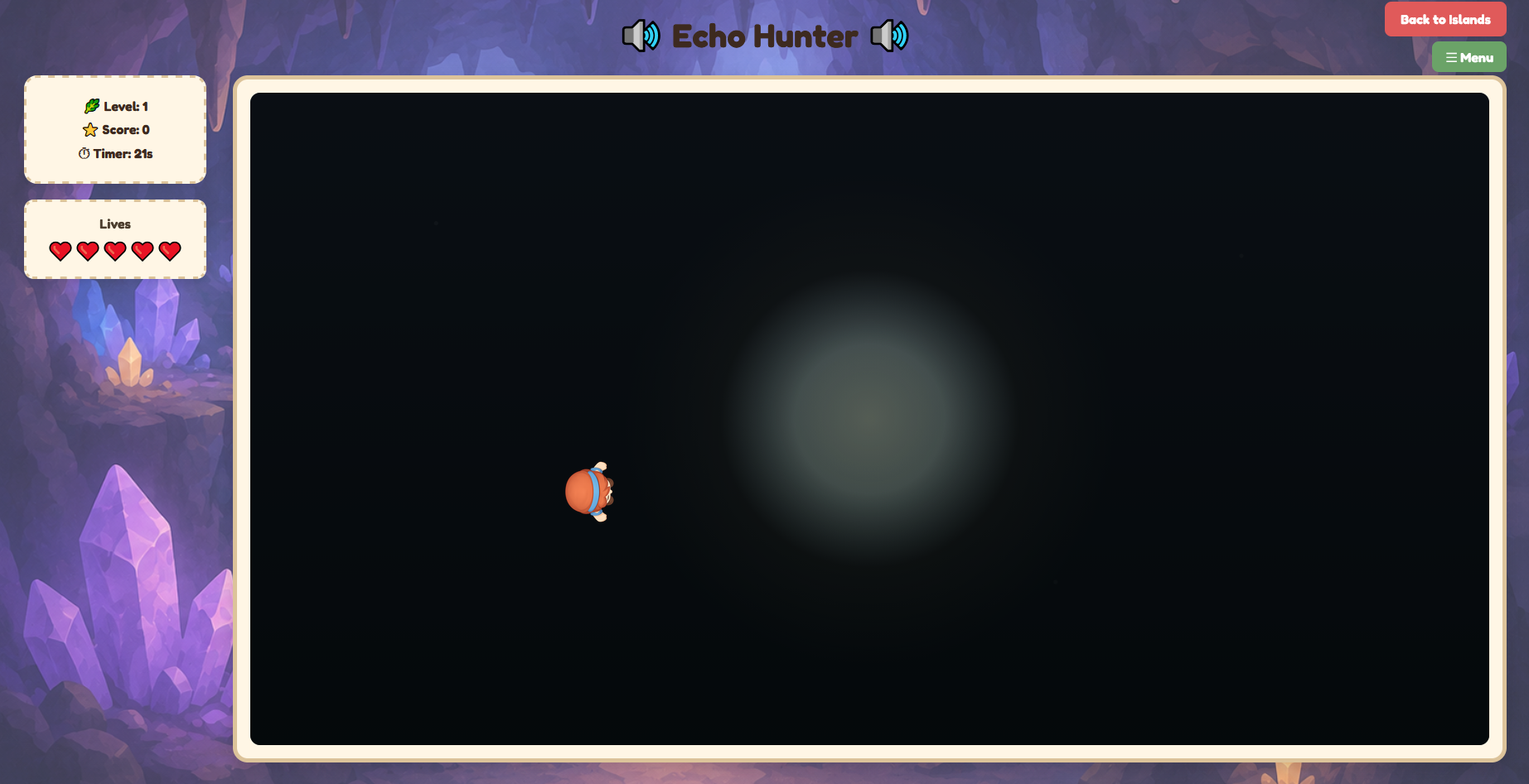 Screenshot of Echo Hunter: a cave navigation game where the player follows audio cues to find hidden treasure.