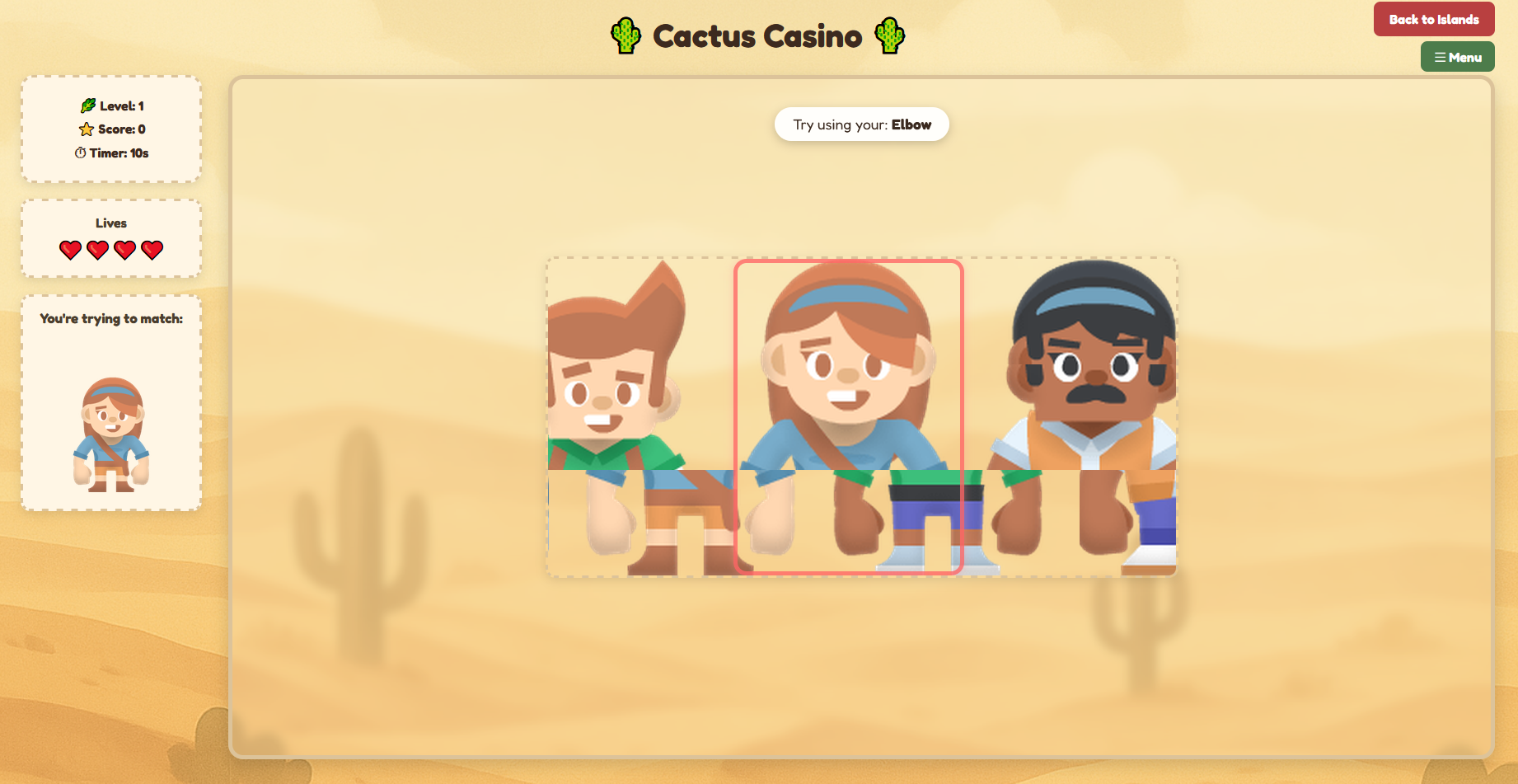 Screenshot of Cactus Casino: a slot machine game played with a single physical button.