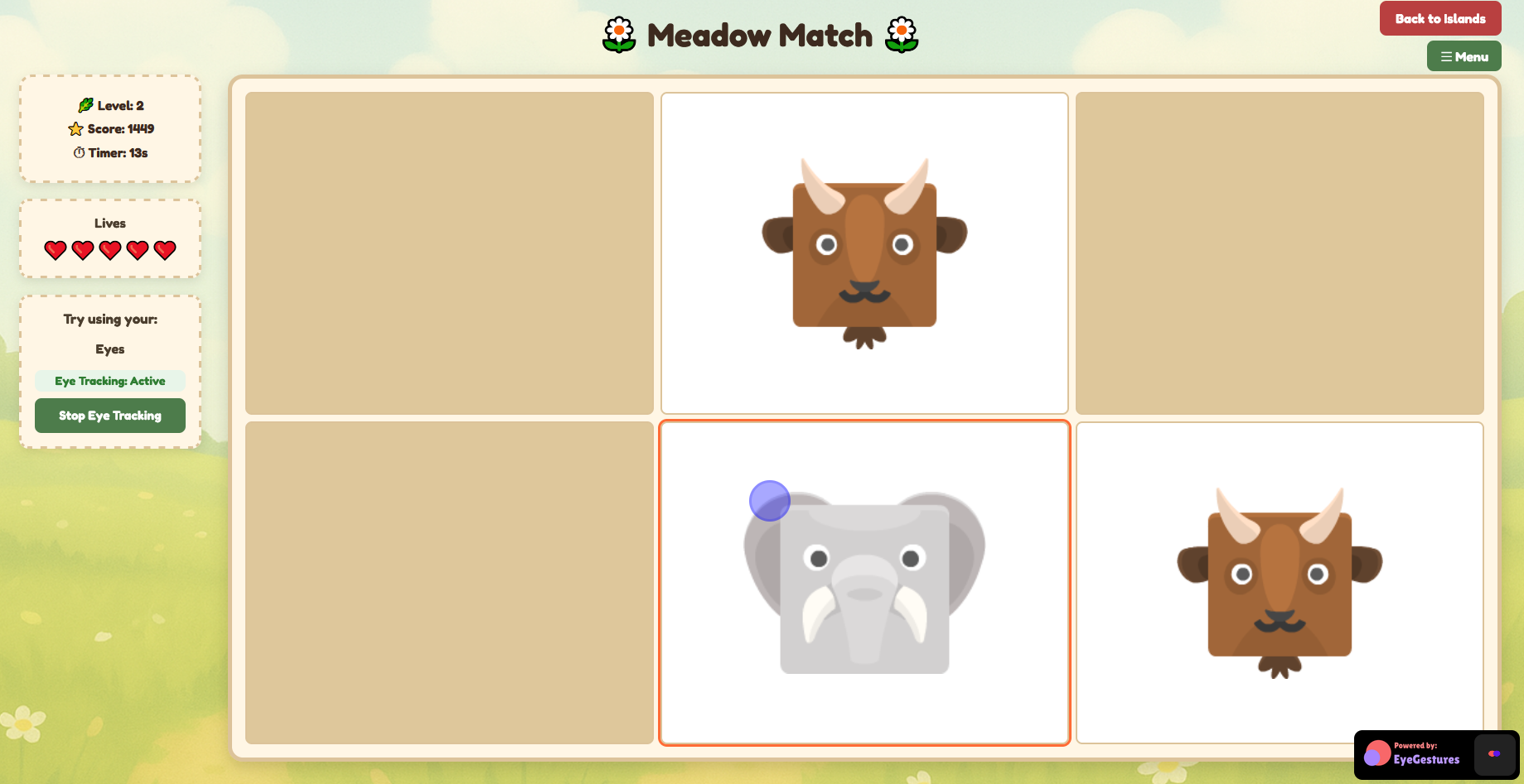 Screenshot of Meadow Match: a memory card game with animal pairs, controlled by eye tracking.
