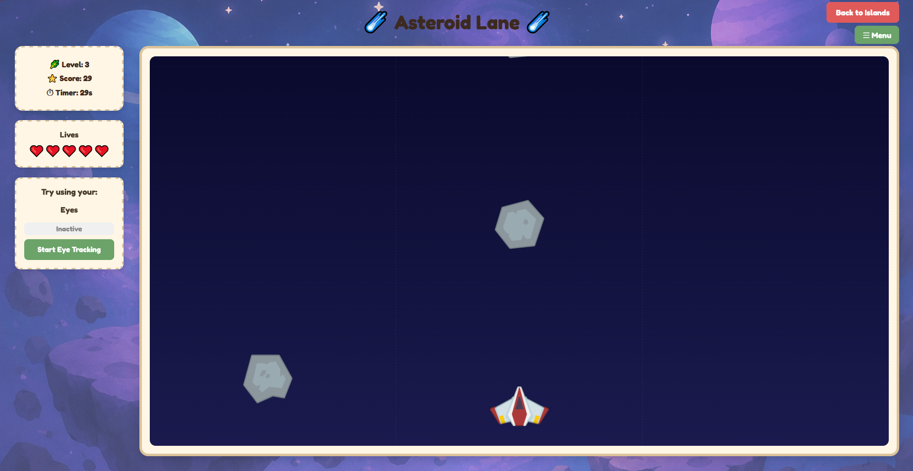 Screenshot of Asteroid Lane: a space game where a spaceship is steered through asteroid fields using eye tracking.