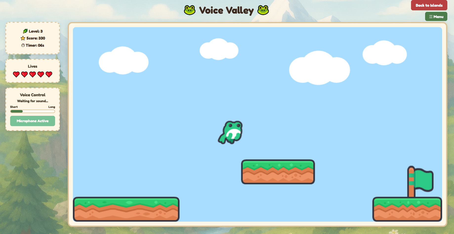 Screenshot of Voice Valley: a platformer where a frog jumps across platforms controlled by the player's voice.