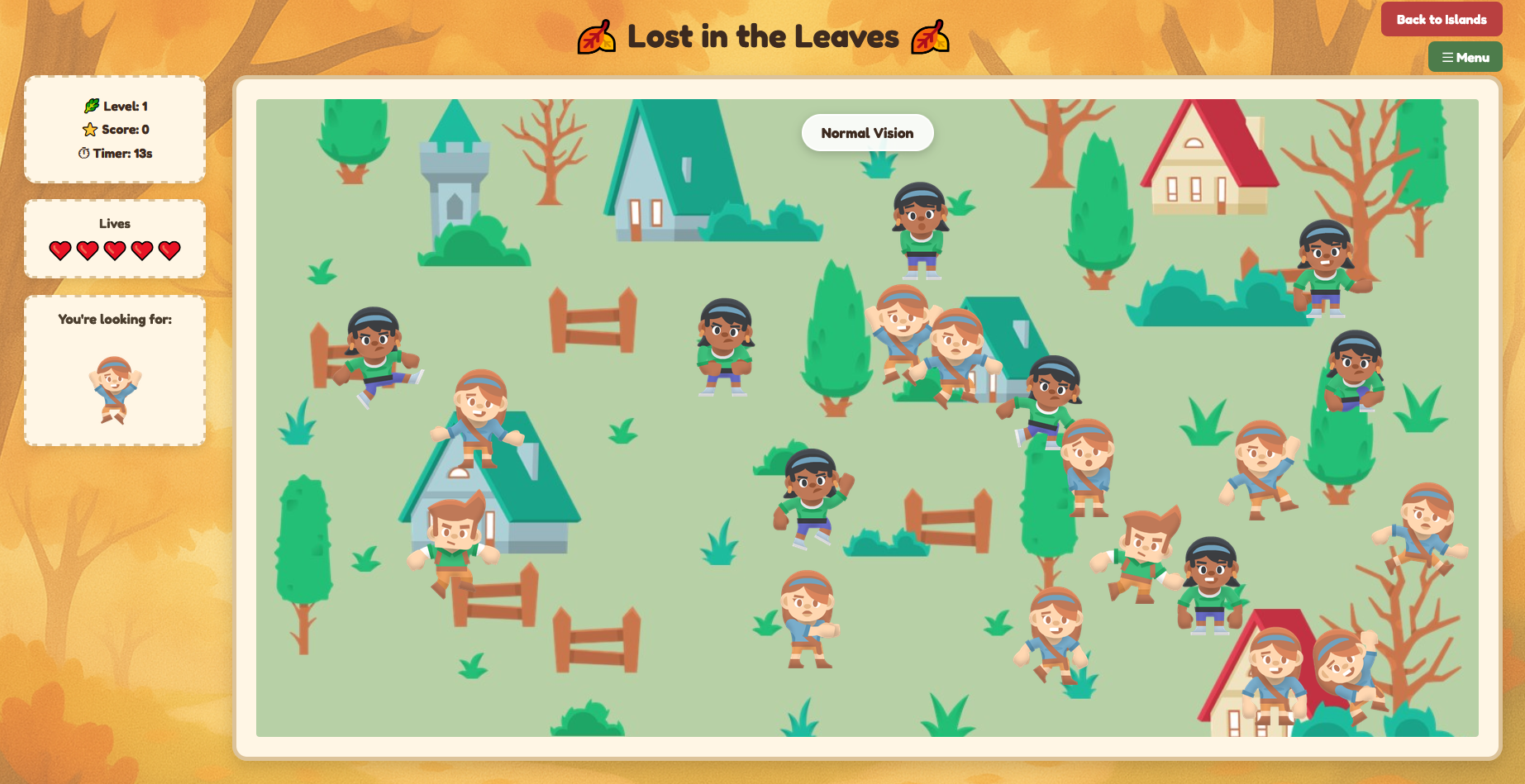 Screenshot of Lost in the Leaves: a crowd scene where players must find a specific character while experiencing visual impairment filters.