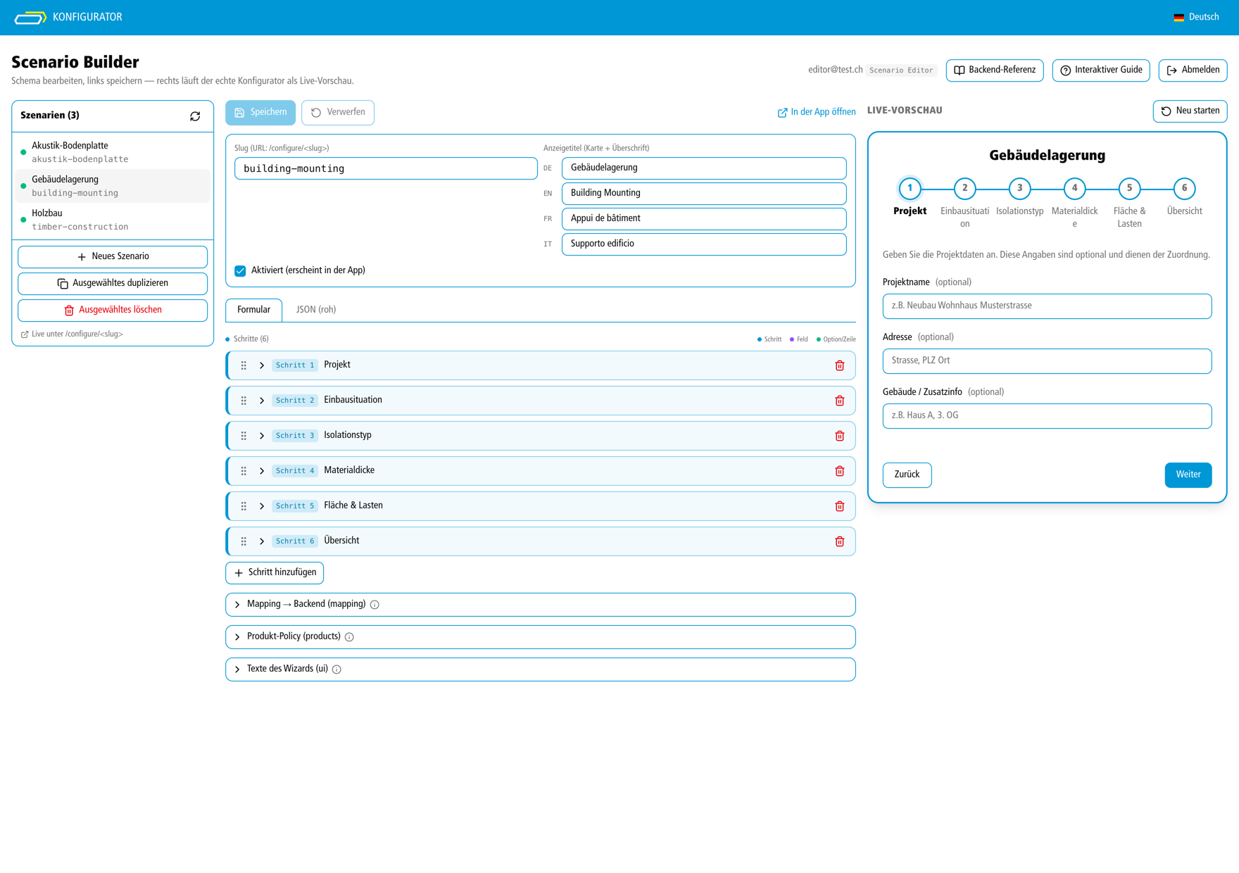 Der Scenario Builder mit strukturiertem Editor links und dem echten Konfigurator als Live-Vorschau rechts
