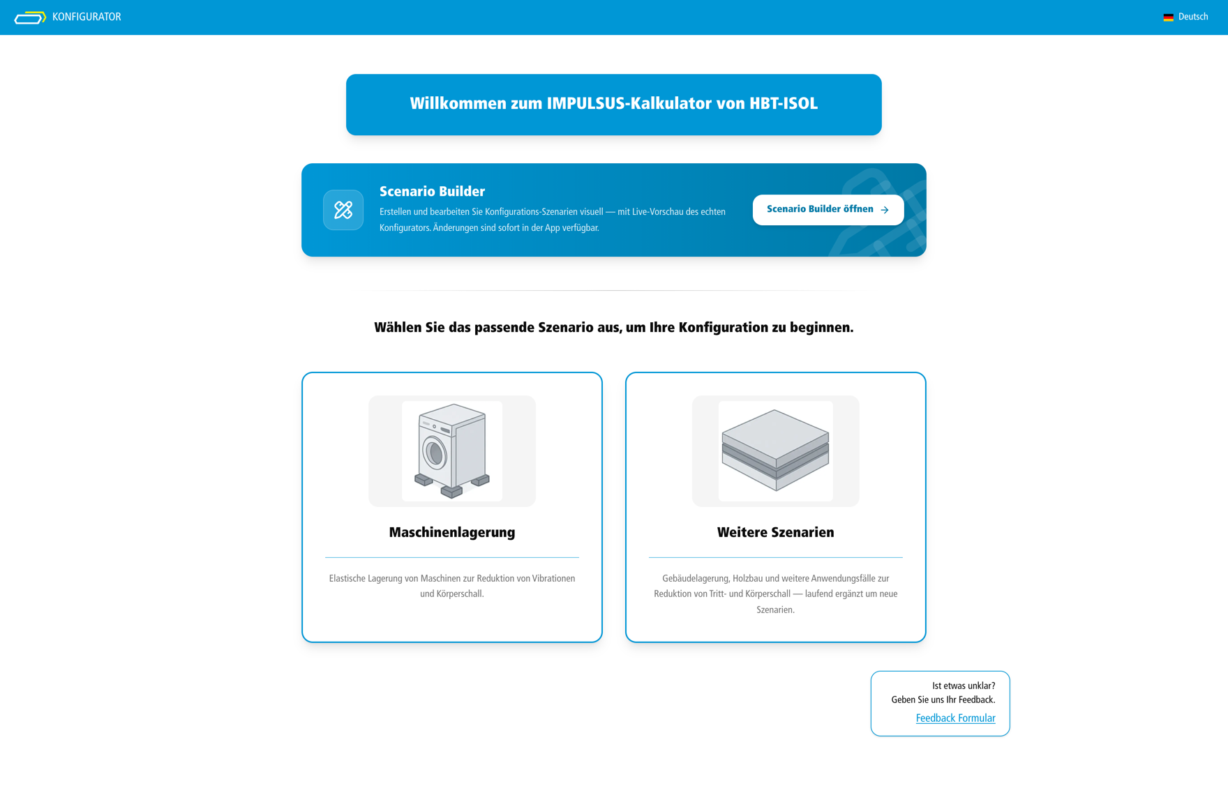 Startseite des Konfigurators mit Hinweisbereich zum Scenario Builder und Szenario-Auswahlkarten
