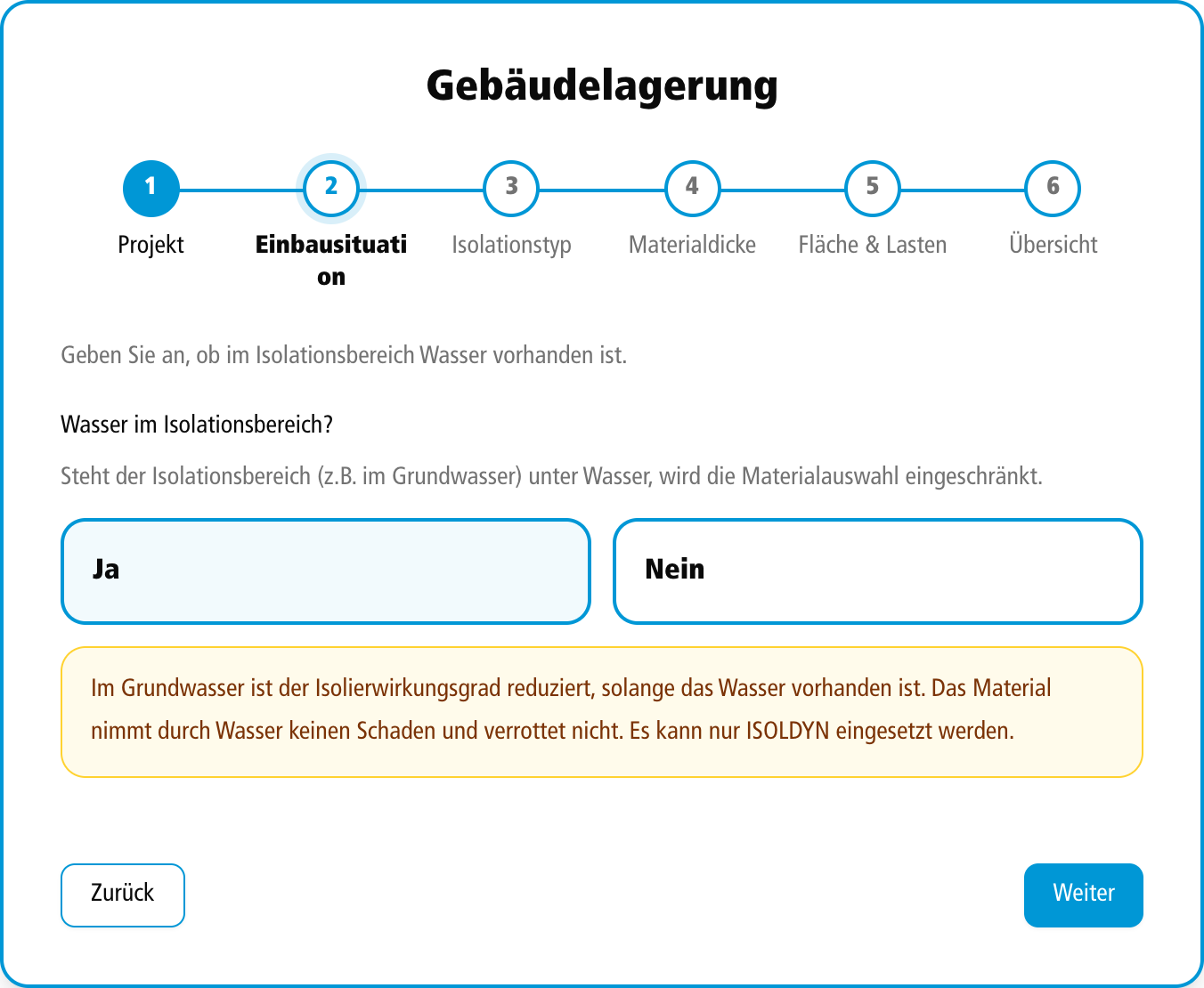 Geführter Konfigurator-Wizard mit Ja-Nein-Frage zu Wasser im Isolationsbereich und fachlichem Hinweistext