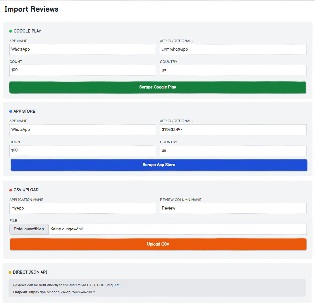 Import-Ansicht des Review Analyzers zum Einlesen neuer App-Reviews