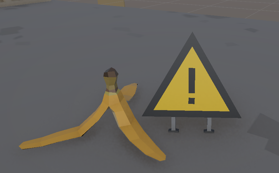 Slippery hazard next to warning sign, which denotes the hazard having been found.