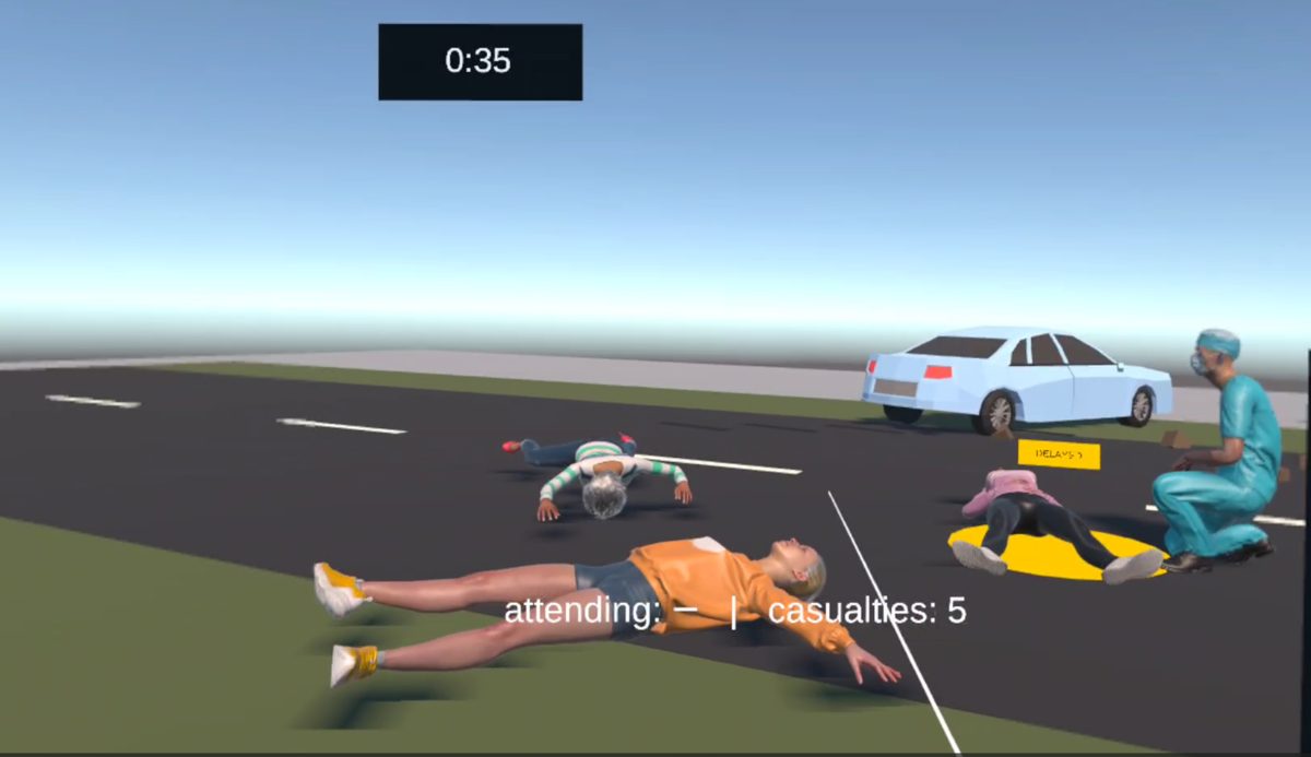 Five casualties on a road after a traffic collision, seen through the headset, with a countdown timer and a triage counter overlaid