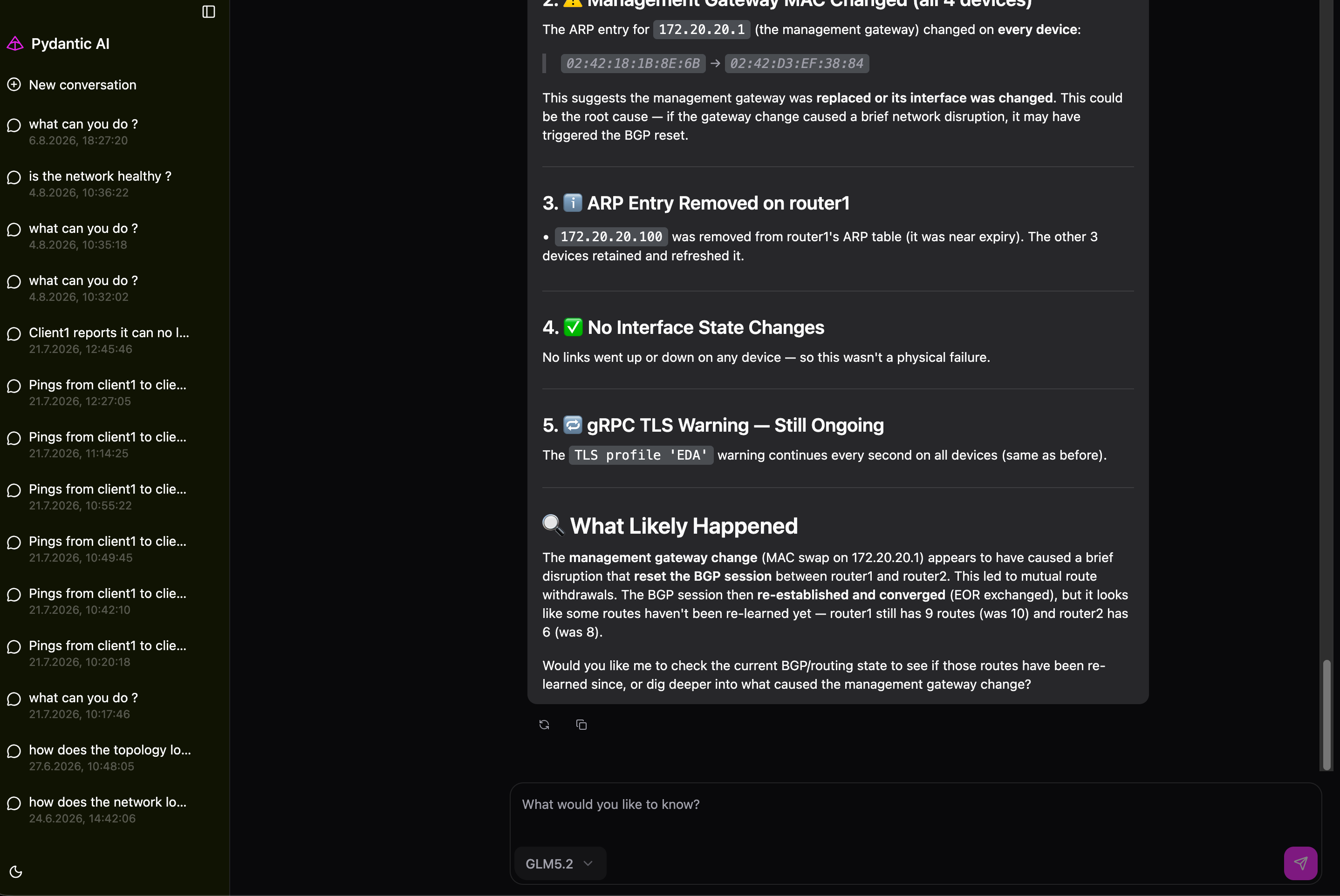 Chat window of the multi-agent system: a question about a connectivity problem is answered with a structured report that walks through the evidence and names a changed management gateway as the likely cause